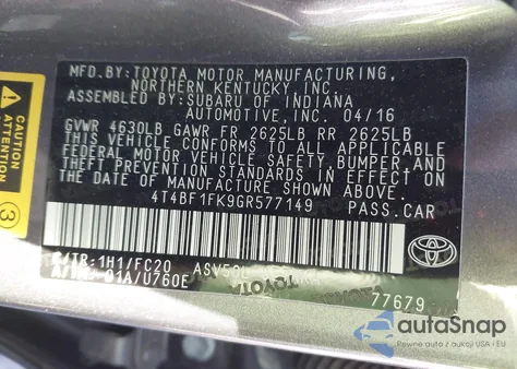 2016 Toyota Camry Le из США, поврежденный, VIN 4T4BF1FK9GR577149